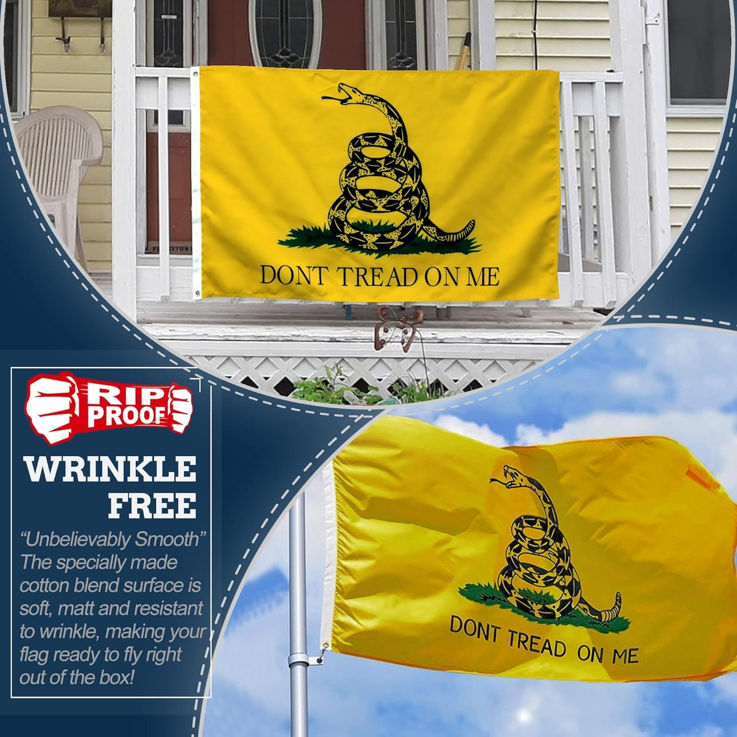 Anley Rip-Proof Technology Double Sided 3-Ply Don'T Tread on Me Flag 3X5 Foot - Vivid Color, Canvas Header and Wrinkle Resistant - the Strongest, Longest Lasting Flags 3 X 5 Ft