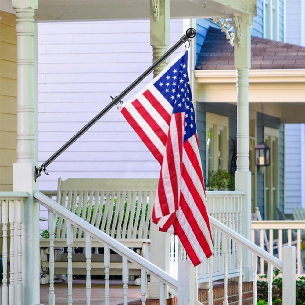 House Flag Pole for Wall, Roof or Deck Mounted, Stainless Steel Black Pole Tubular Handle Rod with 5' Ft Length X 1'' Diameter, American USA Flag Sizes 2X3', 3X5' and 4X6"Ft. (Black)