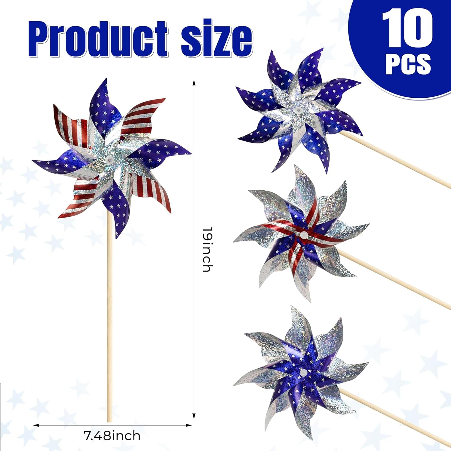 HOOSUN 4Th of July Decorations Reflective Pinwheels,10 Pack Patriotic Decor Red White and Blue Windmills, Wind Spinners for Yard and Garden,Independence Day,Kids,Bird Scare Devices Outdoor