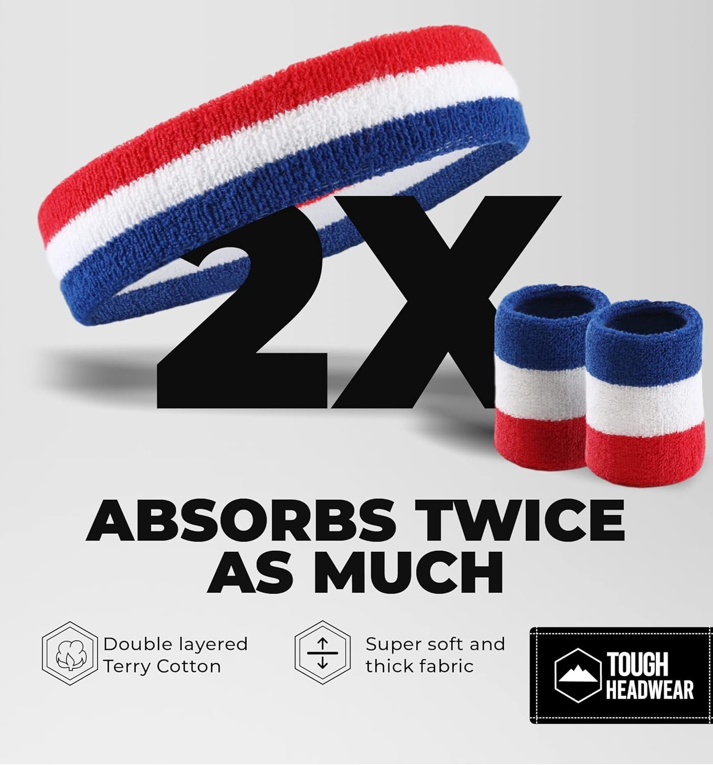 Sweatbands Set - Head & Wrist Sweat Bands - Terry Cloth Sweatbands for Tennis, Working Out, Sports, Basketball, Gym, Exercise - Headband & Wristbands for Men & Women - Stretchy & Soft Cotton