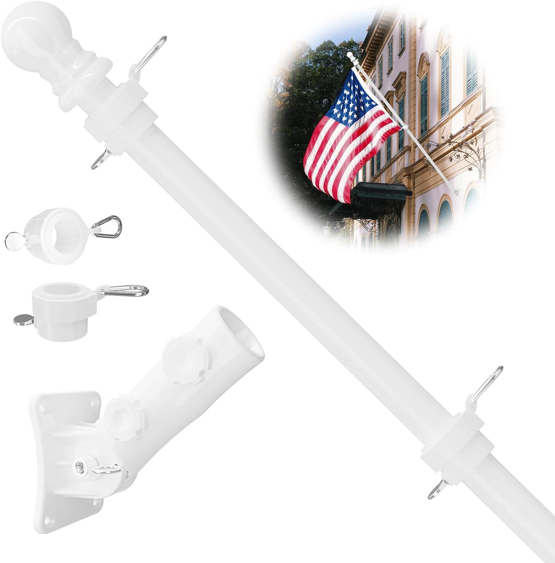Flag Pole for Kit, 5FT White Tangle Free Porch Metal Aluminum Flagpole with Upgraded Bracket for 3X5 American Flag, White Adjustable Outdoor Flag Poles for Porch, Outside, Truck,Yard, Garden