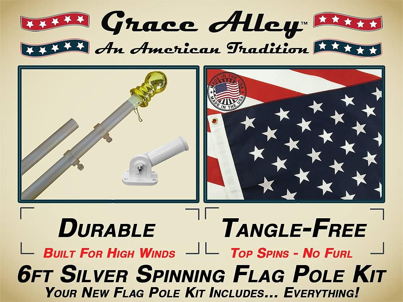 Flag Pole Kit: Includes Tangle Free Flag Pole, Flag Pole Bracket and American Flag - Made in USA. Great for Residential or Commercial. Brushed Aluminum Flag Pole. (American Classic White Kit)