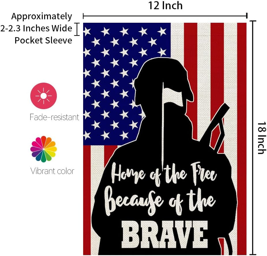 CROWNED BEAUTY 4Th of July Memorial Day Soldier Garden Flag 12X18 Inch Double Sided for outside Small Burlap Patriotic Independence Day Because of the Brave Yard Flag