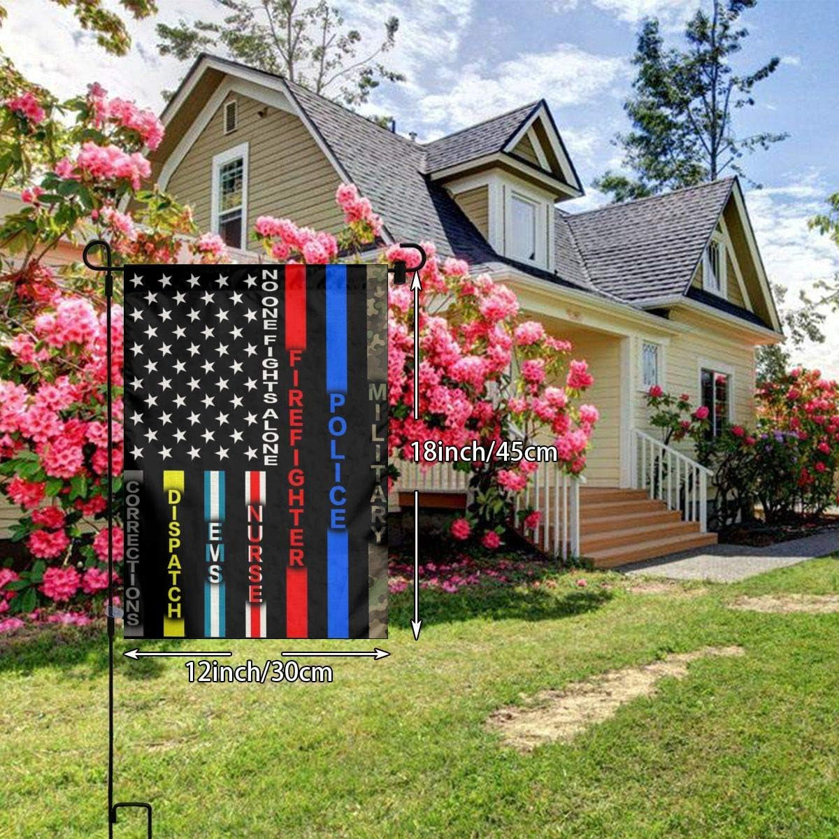 Military American Flag Army Police Cop Firefighter Fire Blue Green Red Thin Line Black No One Fights Alone Nylon Burlap Linen Fabric Garden Flag Farmhouse Mailbox Decor Welcome 12X18 Double Sided