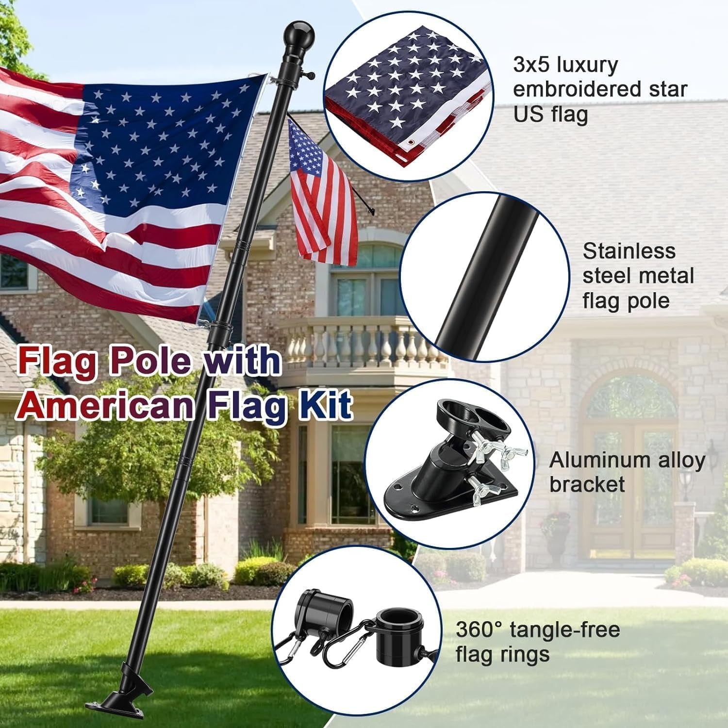 Flag Pole for House with American Flag-Black Flagpoles Residential Kit with 6FT Tangle Free Metal Flag Poles,3X5 Embroidered US Flag and Holder Bracket,Stainless Steel for outside Porch,Outdoor,Boat