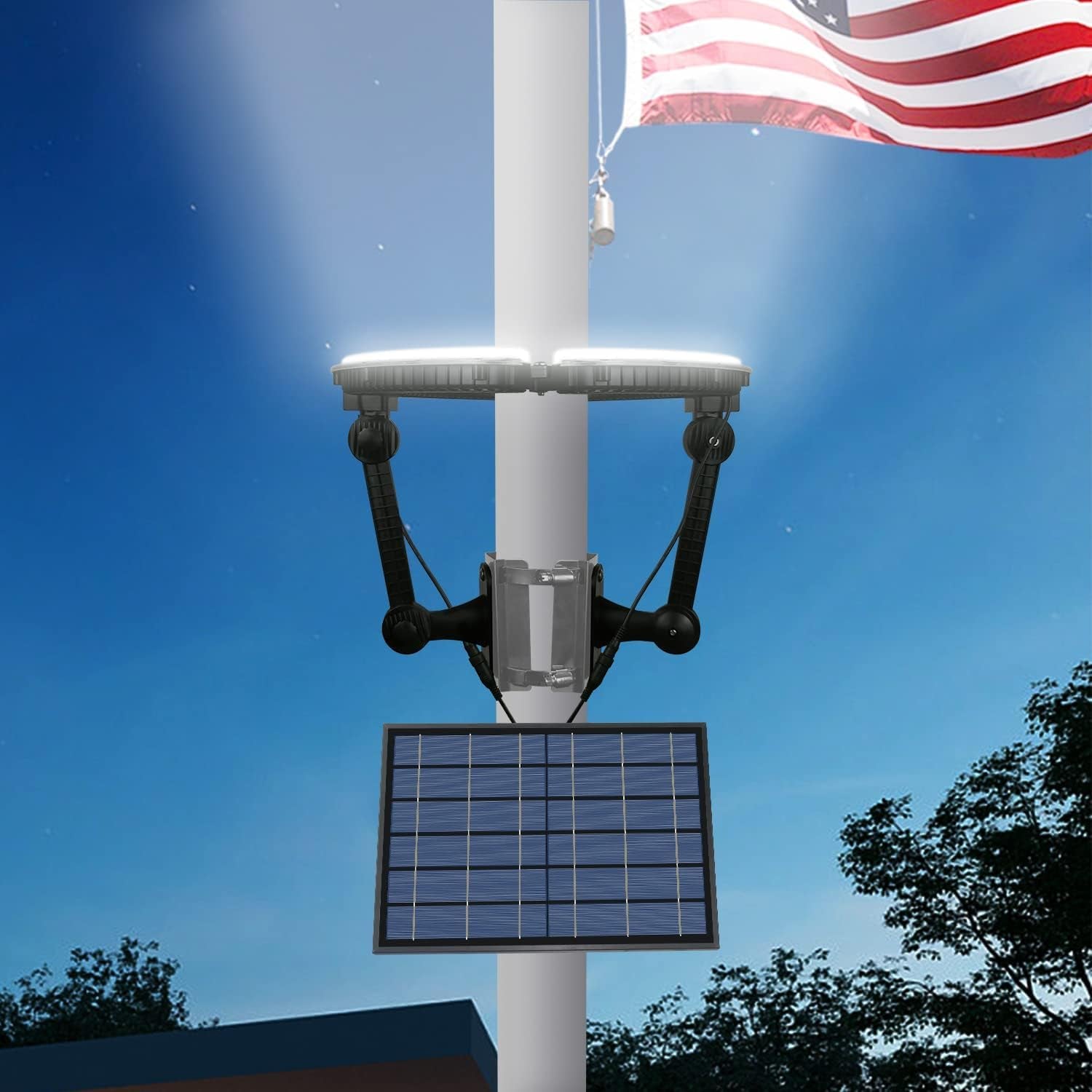 Solar Flag Pole Light Outdoor Dusk to Dawn, 32 Super Bright LED Flag Pole Lights 4640Lm Auto On/Off, 100% Flag Coverage, 12000Mah Brightest Lighting Night Light for 2-6” Dia 15-40 Ft Flag Pole