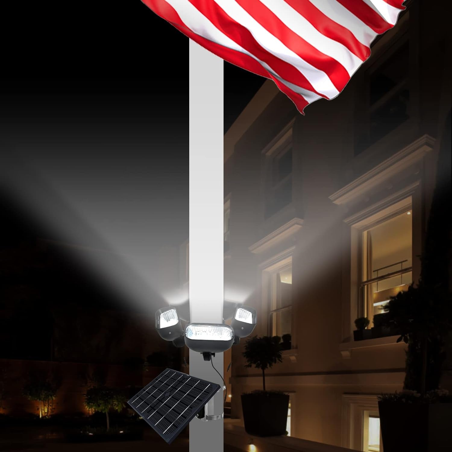 Solar Flag Pole Light for 15-40Ft Flagpole 3 Super-Spotlights 12000 Mha，Adjustable Clamps Fits 3-6''Diameter Inground Poles Flag Poles Coverage-Light up American Flag Outdoor with from Dusk to Dawn