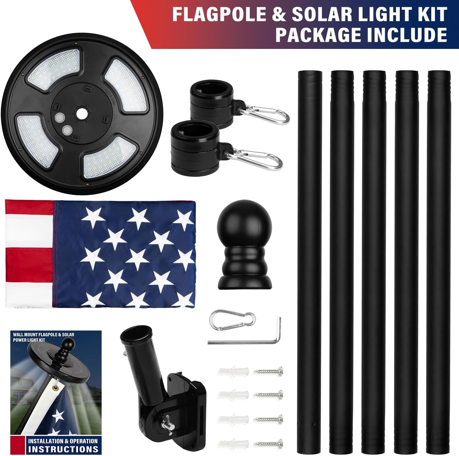 Delux American Flag with Pole and Solar Light Kit, 6 FT No Tangle Metal Pole with Holder, 128 LED Solar Powered Light, Embroidered Flag 3X5 FT, Set for 10 Hours Use for Night House Outdoor(Silver)