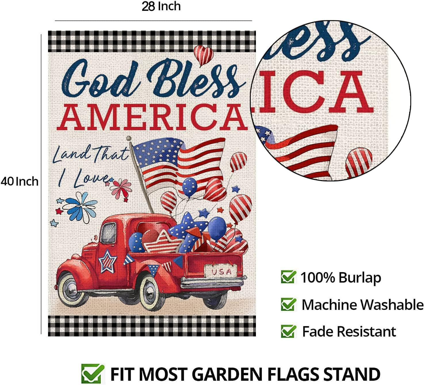 4Th of July Flags 3X5 Ft for Outside, Patriotic American Truck with Flags Buffalo Plaid Double Sided Big Large Yard Flags,Seasonal Banners Decorations with Brass Grommets for Outdoor Farmhouse Holiday
