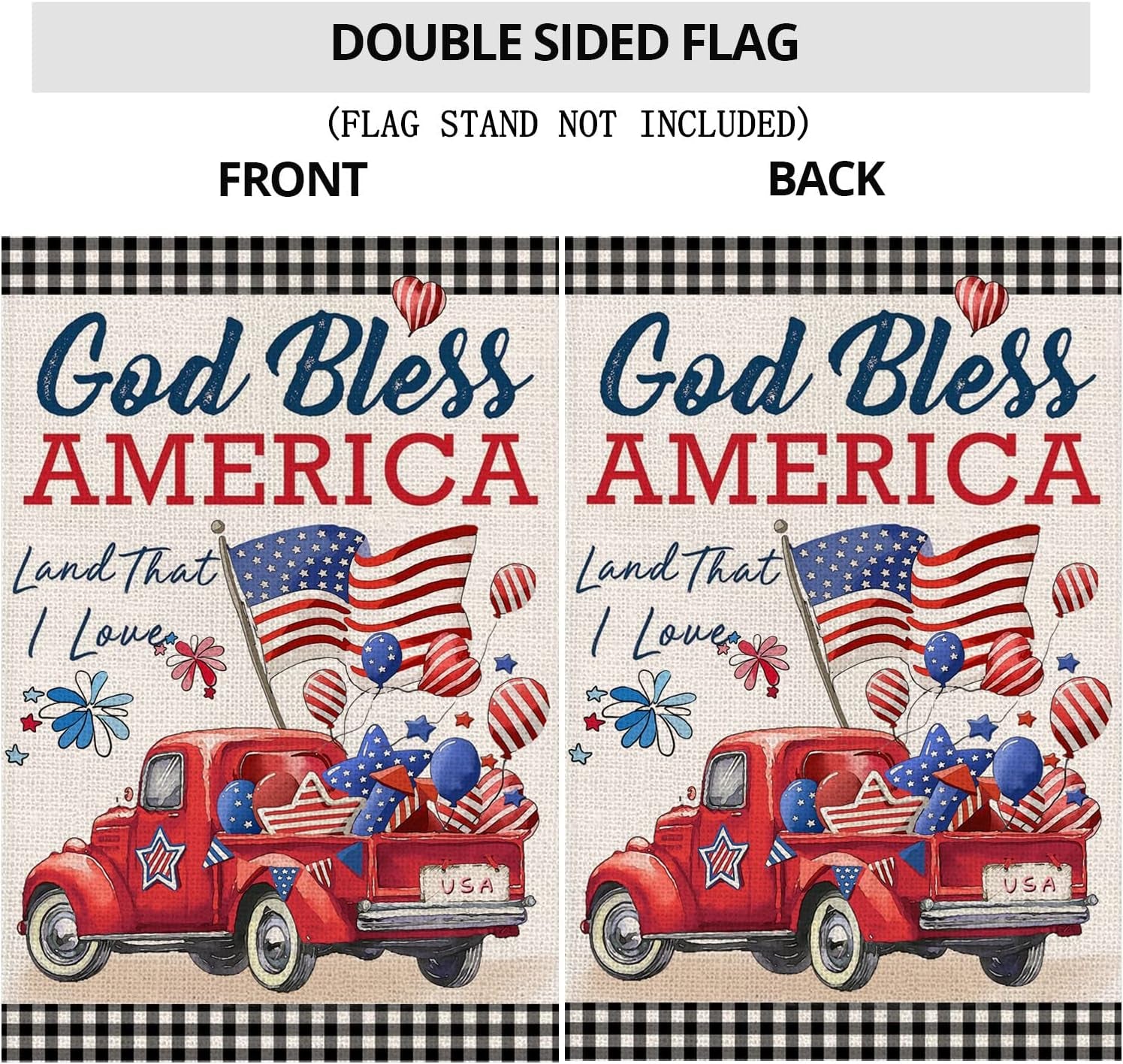 4Th of July Garden Flags for Outside,Patriotic American Truck with Flags Buffalo Plaid Small Yard Flags for Outdoor,Memorial Independence Day Decorations for Farmhouse Holiday Summer 12X18 Inch Double Sided