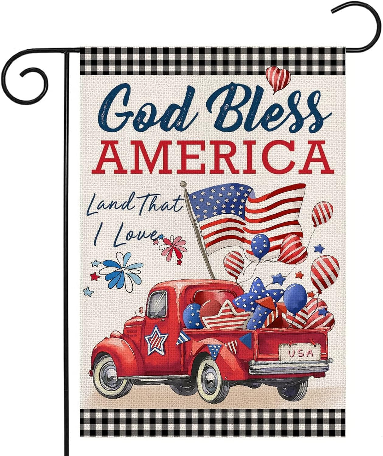 4Th of July Garden Flags for Outside,Patriotic American Truck with Flags Buffalo Plaid Small Yard Flags for Outdoor,Memorial Independence Day Decorations for Farmhouse Holiday Summer 12X18 Inch Double Sided