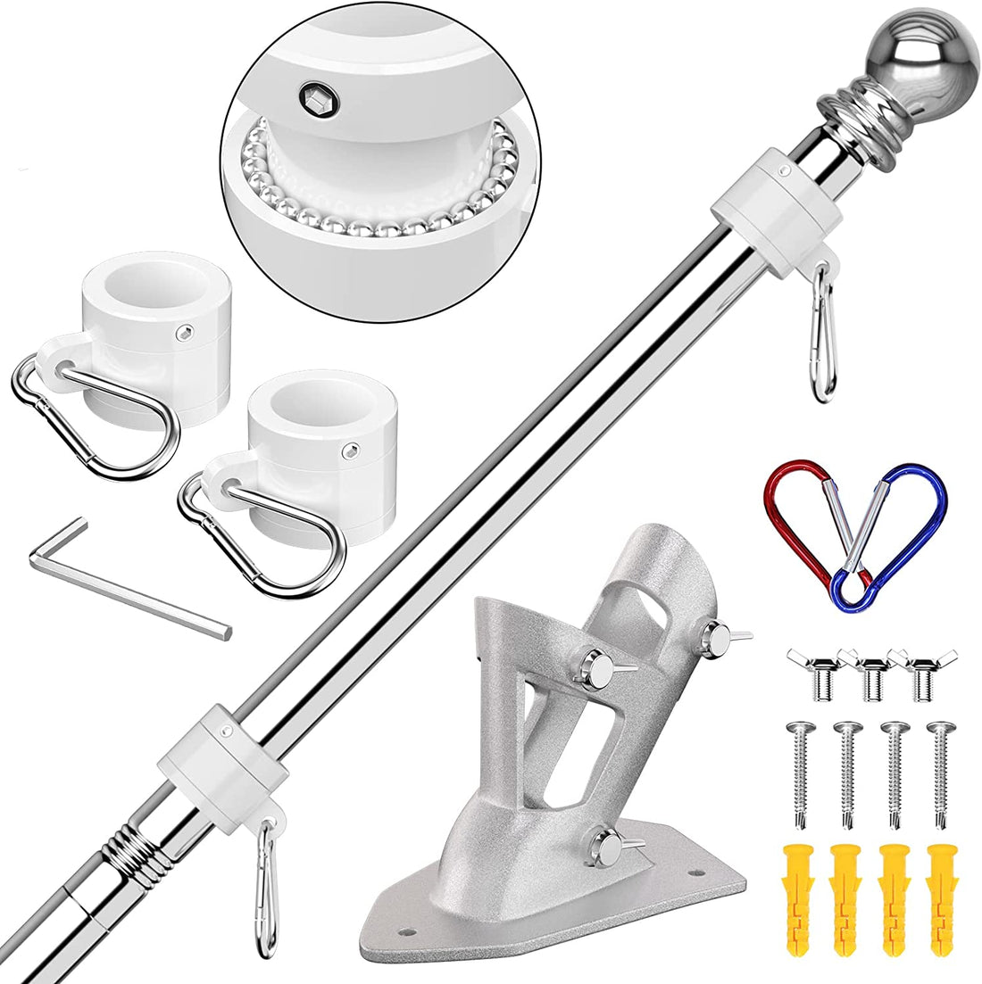 ZMTECH Flag Pole - Upgraded Bracket, 6 FT Stainless Steel Flag Poles for outside House, Residential or Commerical, Tangle Free Flag Pole Kit for American Flag (Without Flag, Silver)