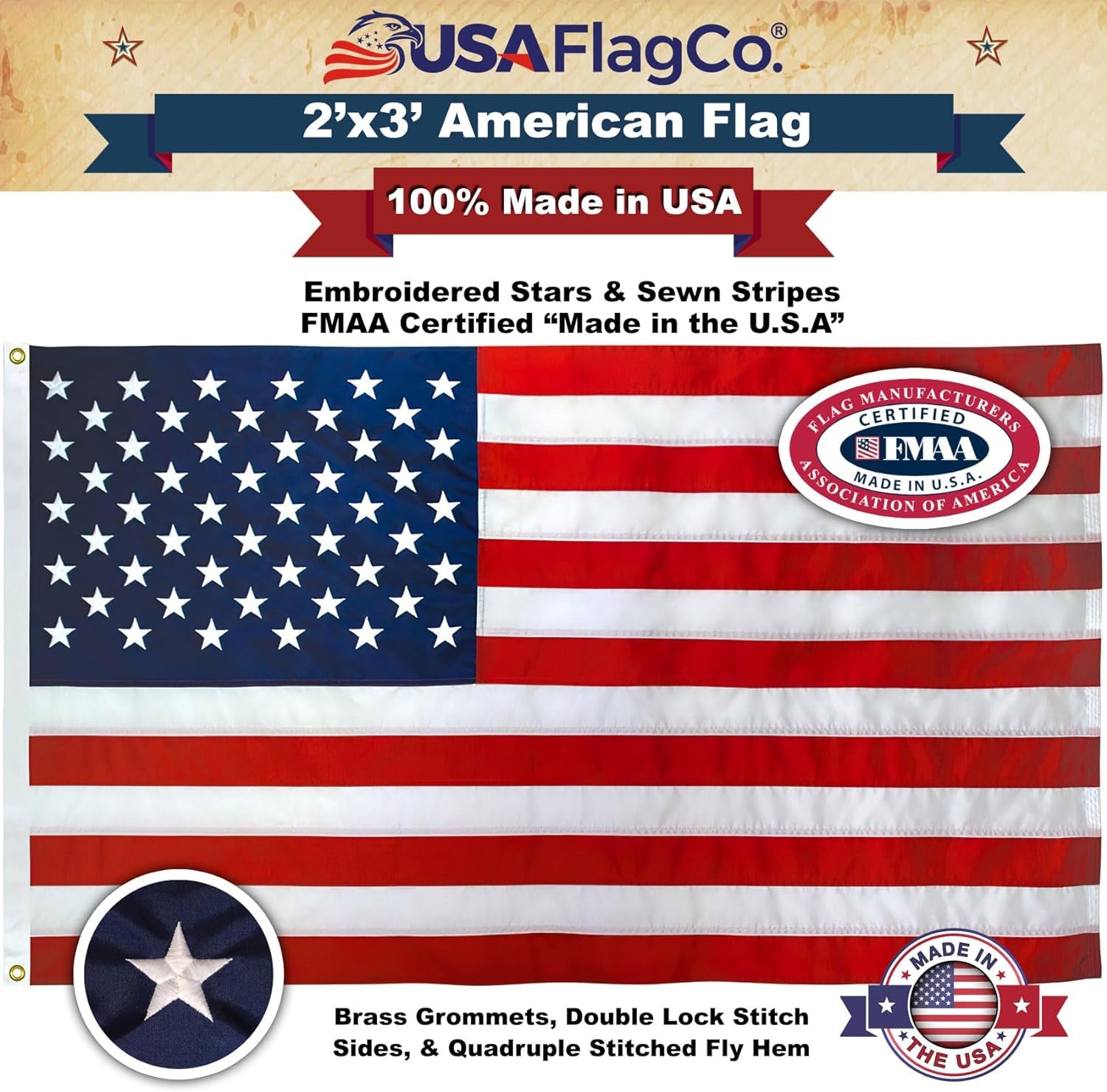 American Flags by USA Flag Co. (Made in USA) the Best 5X8 Embroidered Stars and Sewn Stripes United States Flag, Amazon a to Z Guarantee - 5 X 8 Ft.