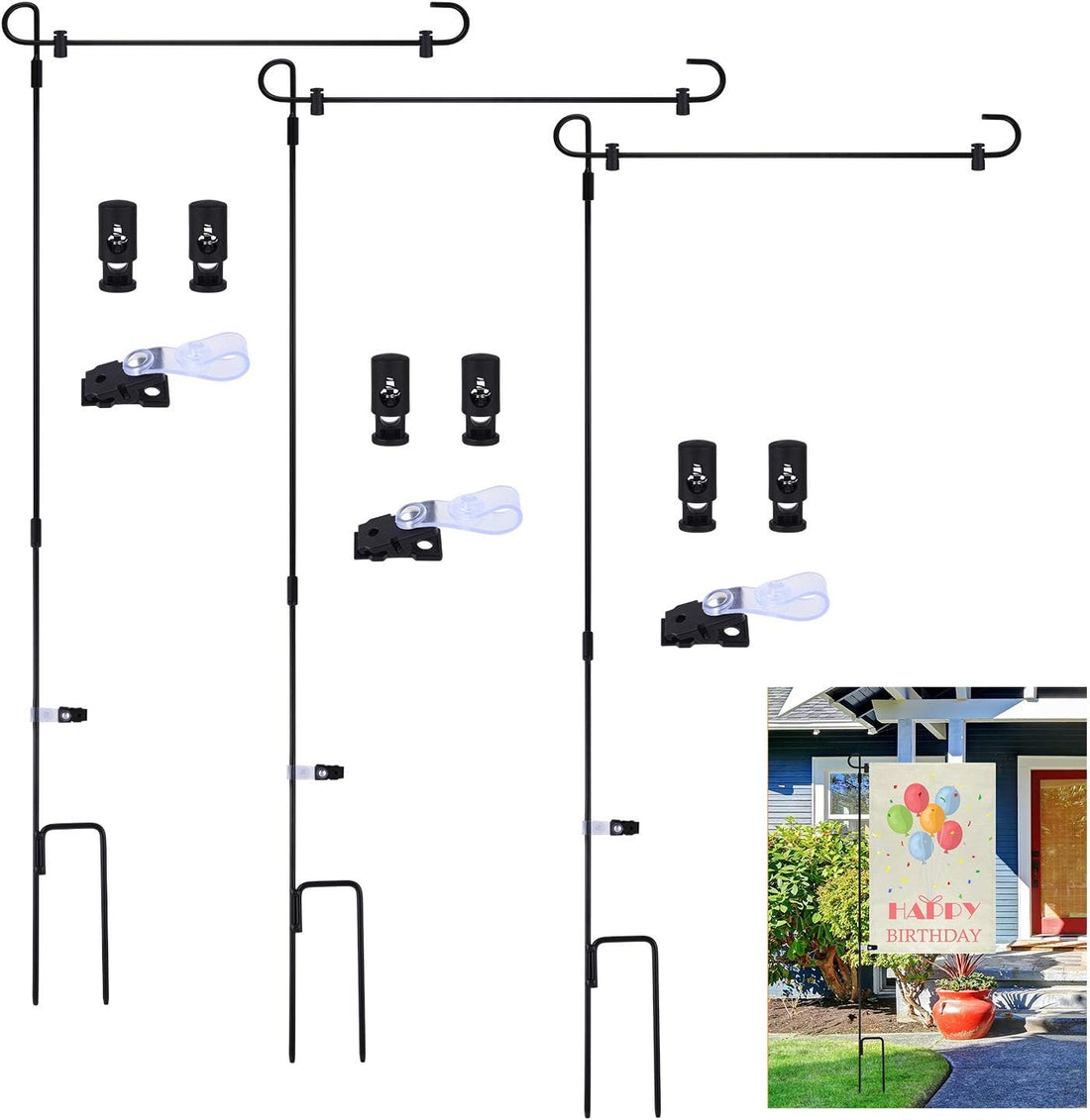 FEPITO 3 Pack Garden Flag Poles Metal Garden Flag Holder with Garden Flag Stopper and Anti-Wind Clip for Outdoor Decorative Flag Garden Lawn Yard Flag