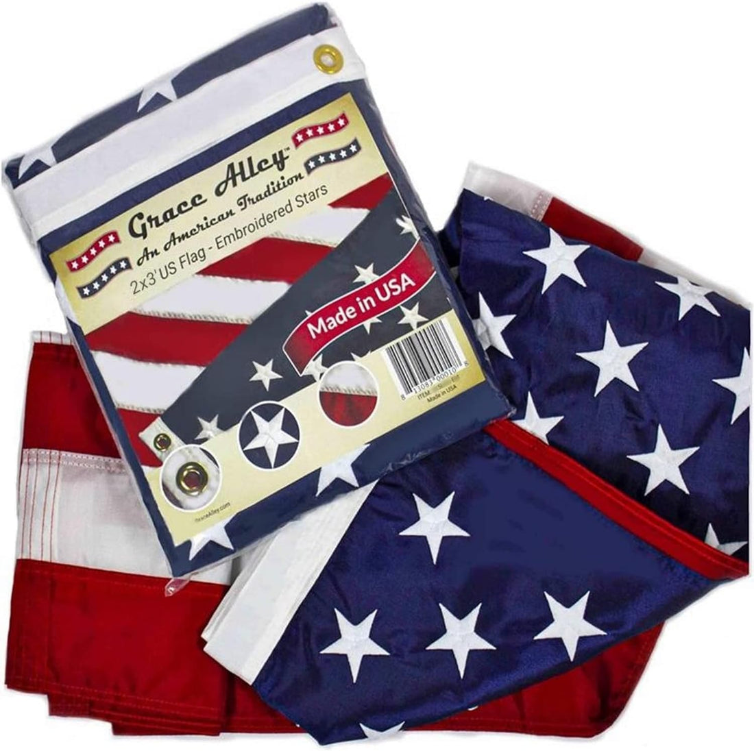 Grace Alley American Flag: 2X3 FT US Flag - 100% Made in USA. Embroidered Stars, Sewn Stripes and Brass Grommets. Fade Resistant, Heavy Duty, Long Lasting Nylon for Outdoor Durability.