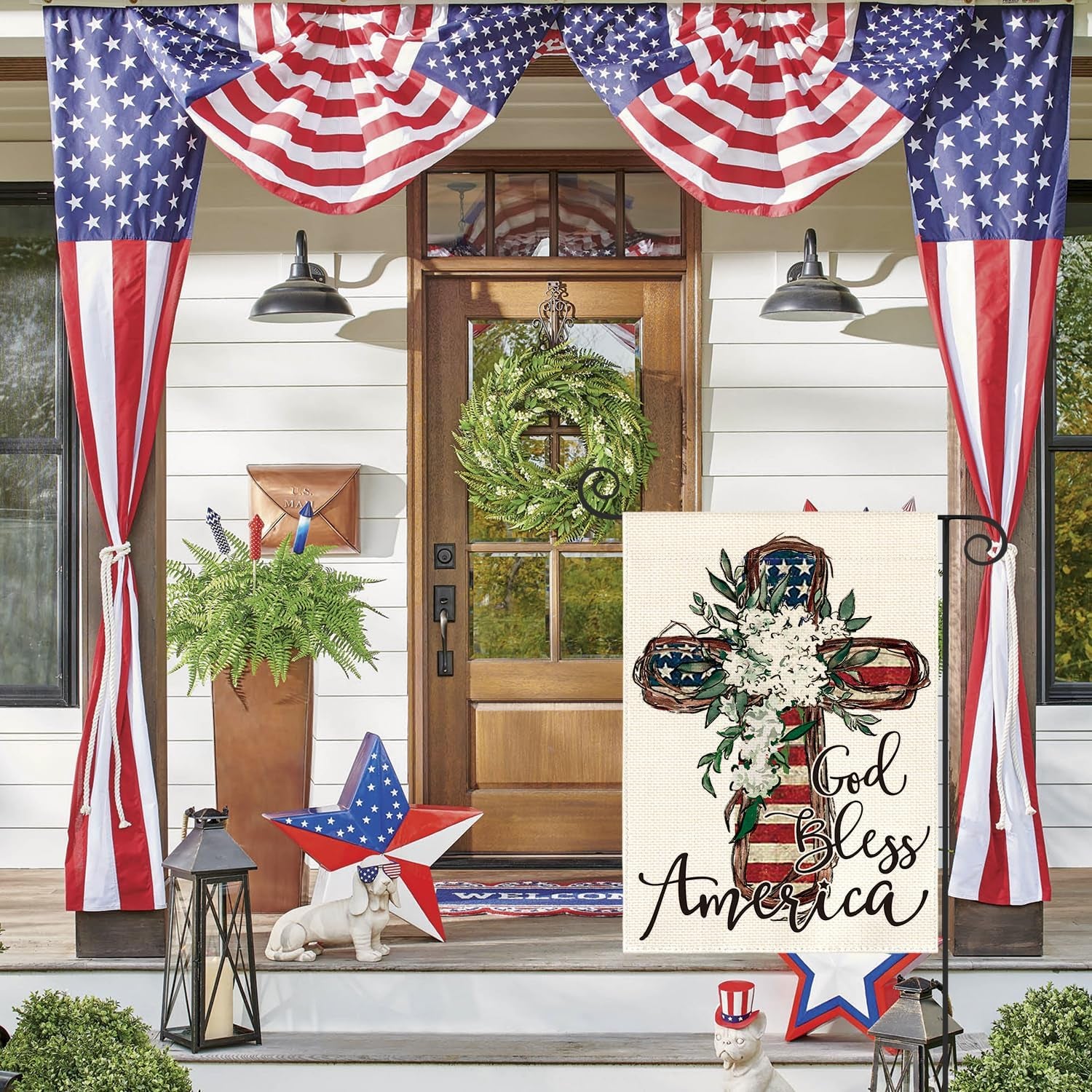AVOIN Colorlife God Bless America Stars and Stripes House Flag 28X40 Inch Double Sided, Memorial Day 4Th of July Patriotic Lily Cross Yard Outdoor Decoration