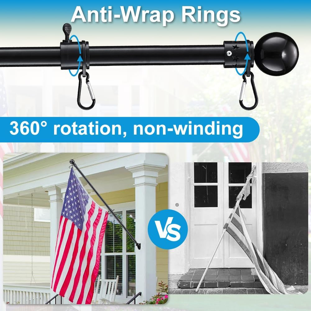 House Flag Pole for Wall, Roof or Deck Mounted, Stainless Steel Black Pole Tubular Handle Rod with 5' Ft Length X 1'' Diameter, American USA Flag Sizes 2X3', 3X5' and 4X6"Ft. (Black)