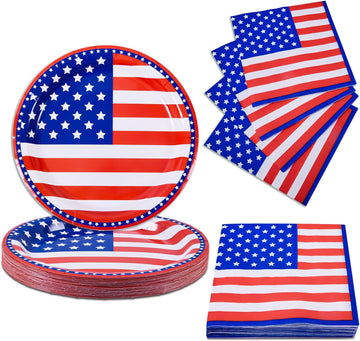 50 Pcs Patriotic American Flag Party Supplies Tableware Set Paper Plates and Napkins for Independence Day 4Th of July USA Red White Blue Barbecue Birthday Disposable Dinnerware Decor