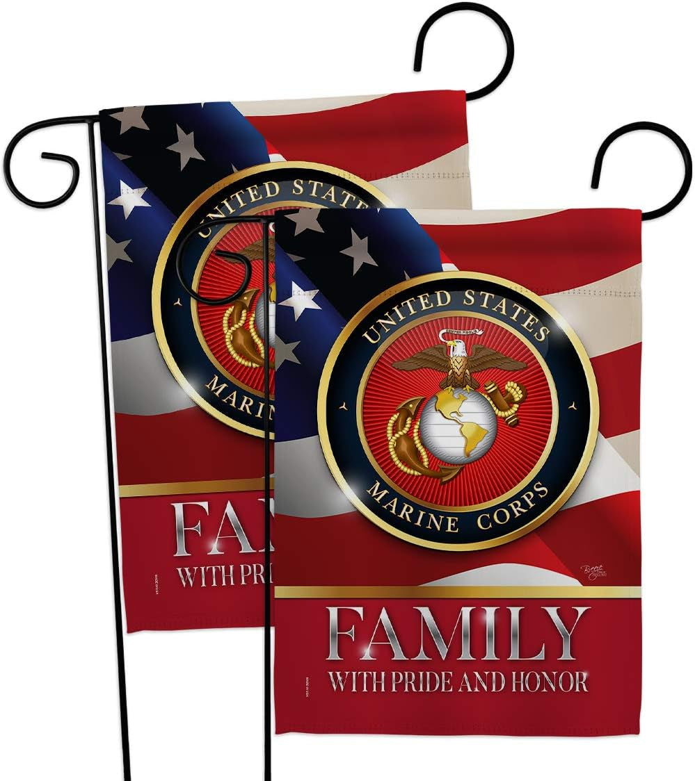 US Marine Family Honor Garden Flag - 2Pcs Pack Armed Forces Corps USMC Semper Fi United State American Military Veteran Retire Official - House Banner Small Yard Gift Double-Sided 13 X 18.5