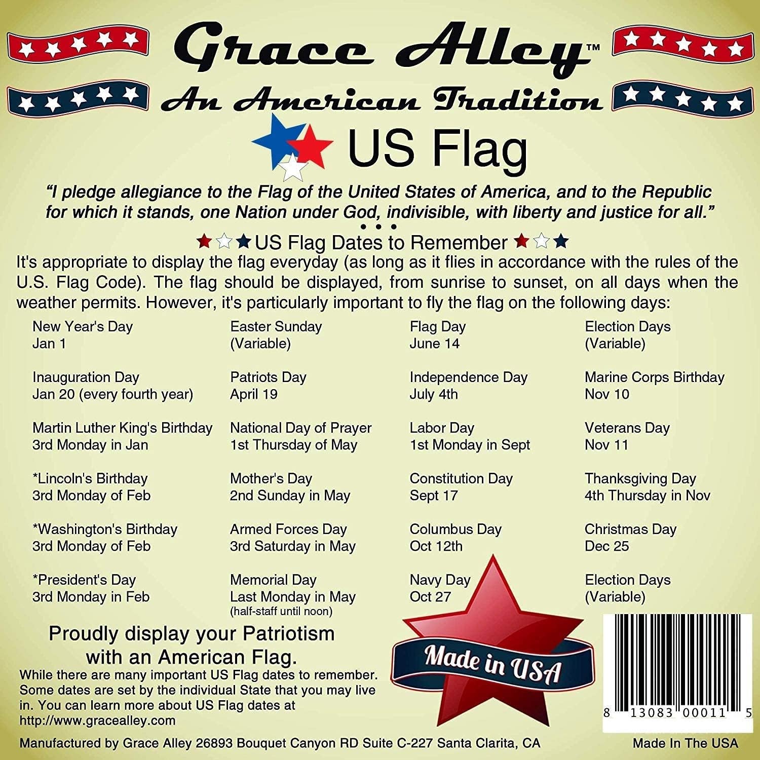 Grace Alley American Flag: 5X8 FT US Flag - 100% Made in USA - Embroidered Stars and Sewn Stripes and Brass Grommets