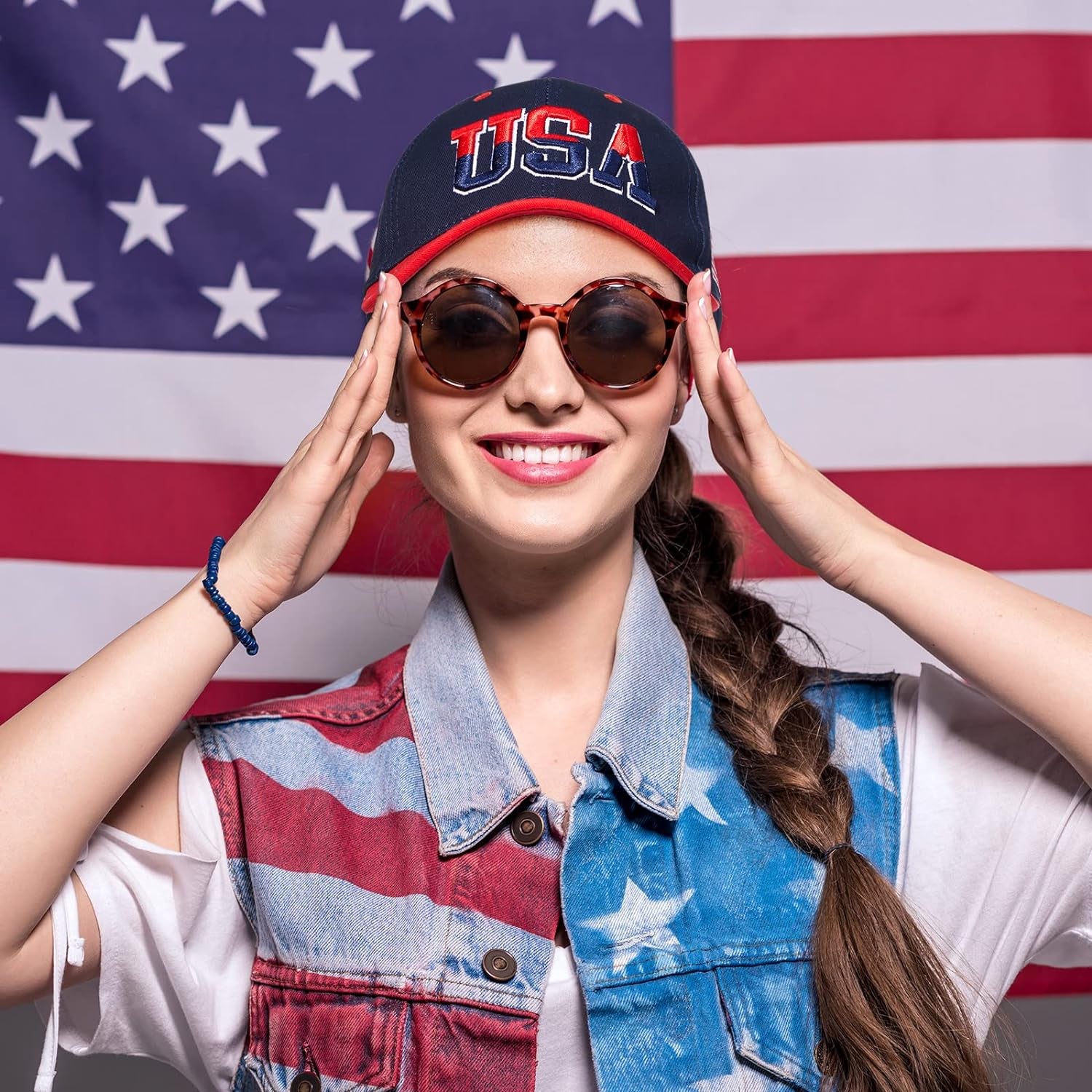 2 Pieces Patriotic Baseball Cap Adjustable Cotton Dad Hat USA Embroidered American Flag Cap for Men Women