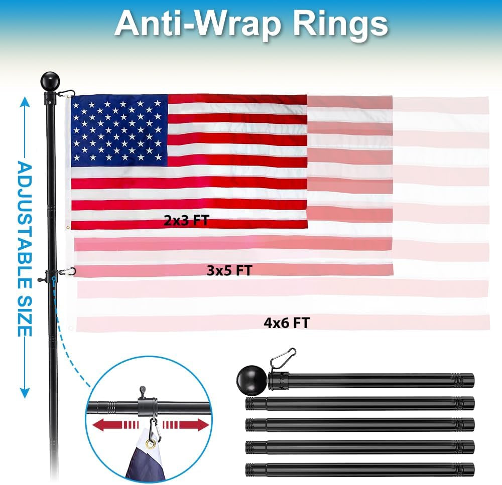 House Flag Pole for Wall, Roof or Deck Mounted, Stainless Steel Black Pole Tubular Handle Rod with 5' Ft Length X 1'' Diameter, American USA Flag Sizes 2X3', 3X5' and 4X6"Ft. (Black)