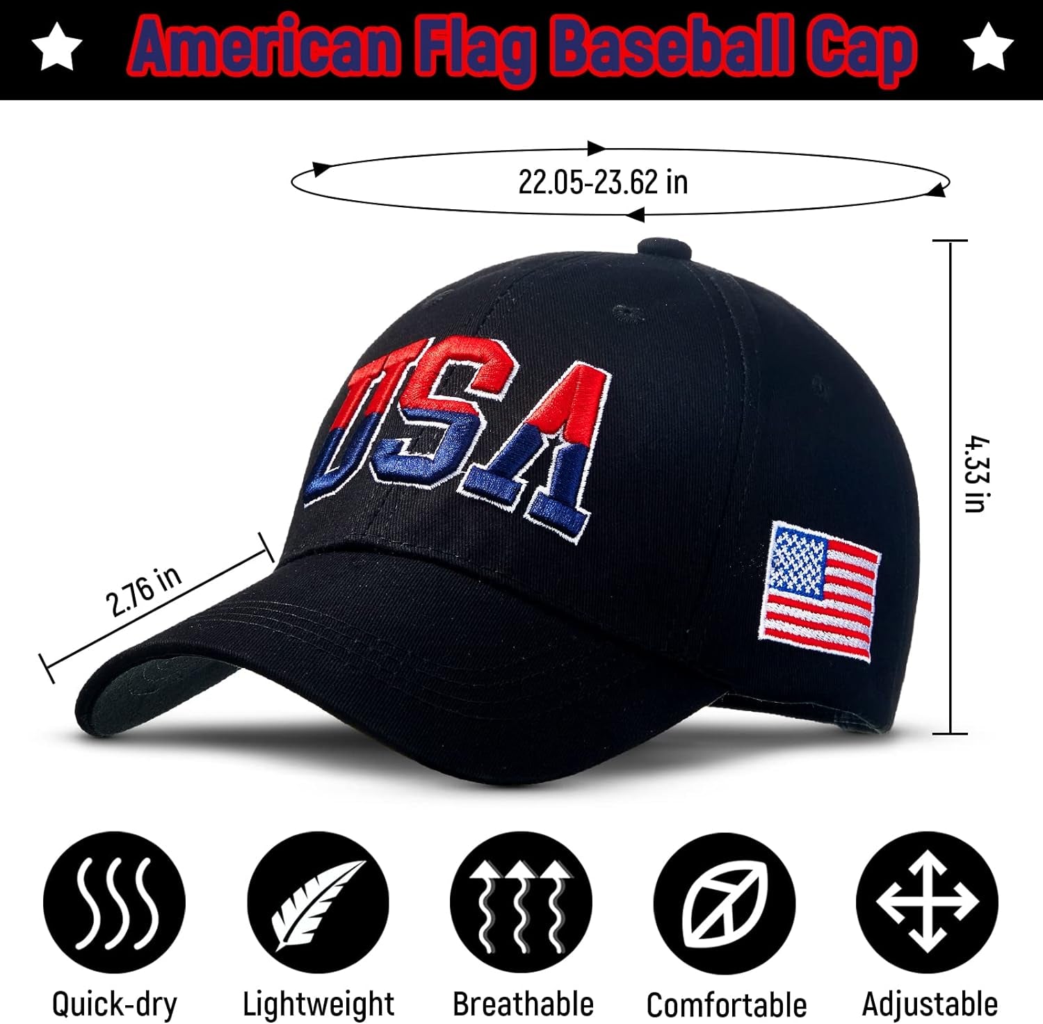 2 Pieces Patriotic Baseball Cap Adjustable Cotton Dad Hat USA Embroidered American Flag Cap for Men Women