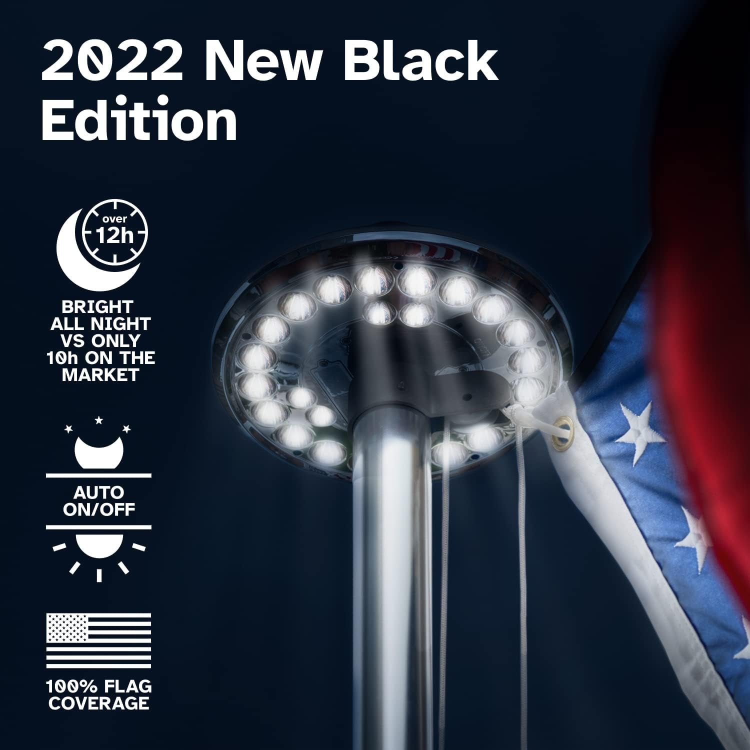 Deluxe Black 2Nd Generation Flag Pole Light Solar Powered, 1300 Lumen Weatherproof Solar LED Light for Most Flagpoles, 100% Flag Coverage from Dusk to Dawn for 12 Hours, Black