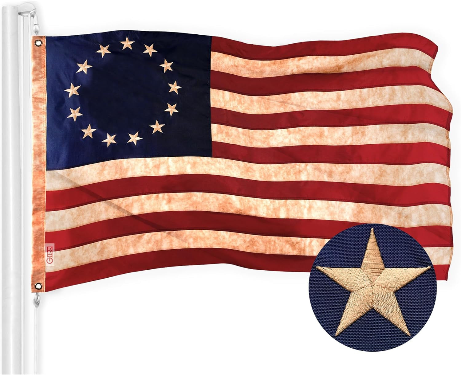 G128 Betsy Ross Tea-Stained Flag | 4X6 Ft | Toughweave Pro Series Embroidered 420D Polyester | Historical Flag, Embroidered Design, Indoor/Outdoor, Brass Grommets