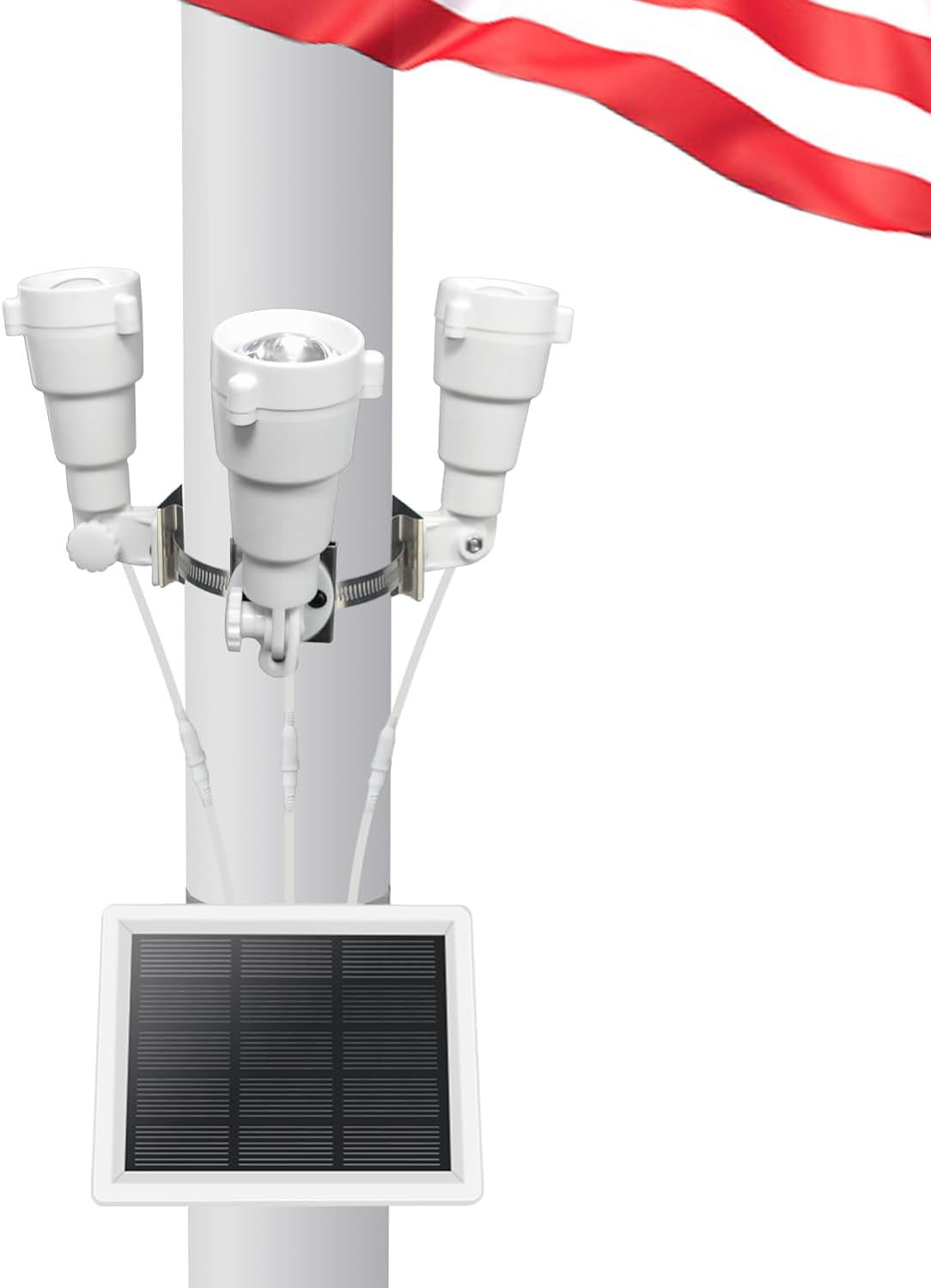 Flag Pole Light Solar Powered, 3 Super-Spotlights PC Crystal LED, IP65 Waterproof Flagpole Light Solar Powered Fits 2-3.5''Flag Poles, 360 Degrees of Flag Illumination Flag Ground House