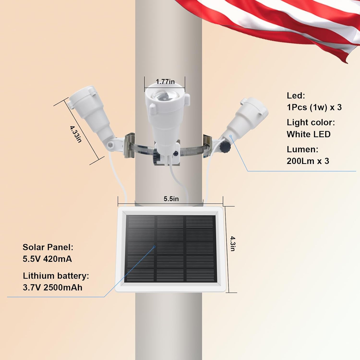 Flag Pole Light Solar Powered, 3 Super-Spotlights PC Crystal LED, IP65 Waterproof Flagpole Light Solar Powered Fits 2-3.5''Flag Poles, 360 Degrees of Flag Illumination Flag Ground House