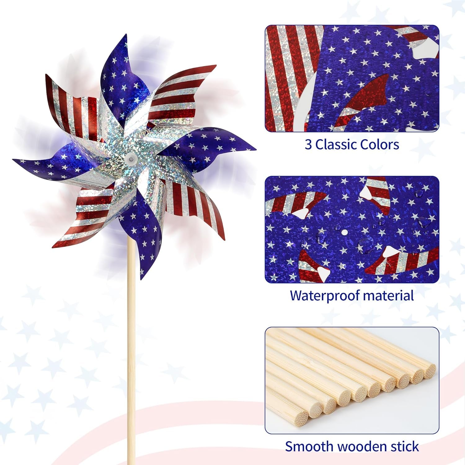 HOOSUN 4Th of July Decorations Reflective Pinwheels,10 Pack Patriotic Decor Red White and Blue Windmills, Wind Spinners for Yard and Garden,Independence Day,Kids,Bird Scare Devices Outdoor