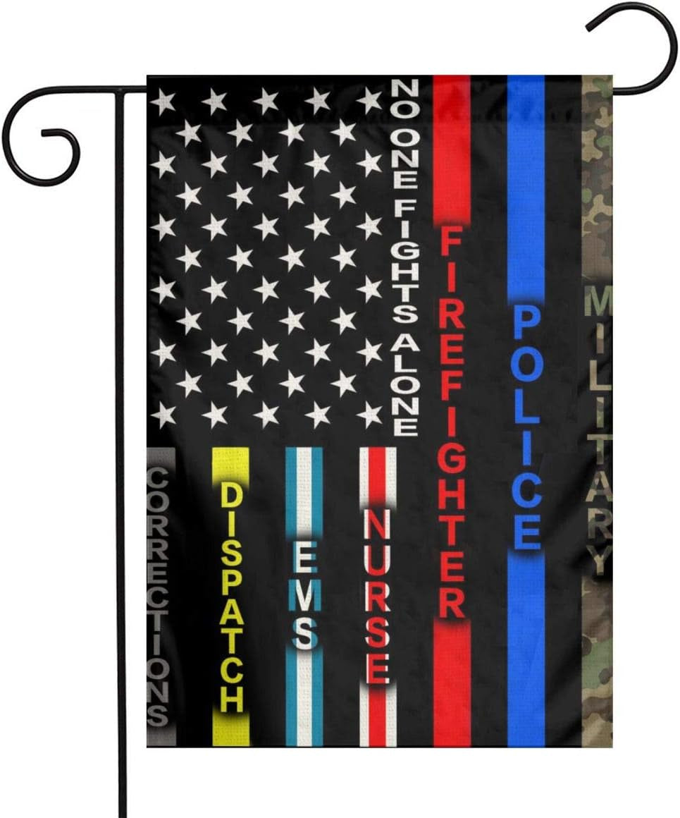 Military American Flag Army Police Cop Firefighter Fire Blue Green Red Thin Line Black No One Fights Alone Nylon Burlap Linen Fabric Garden Flag Farmhouse Mailbox Decor Welcome 12X18 Double Sided