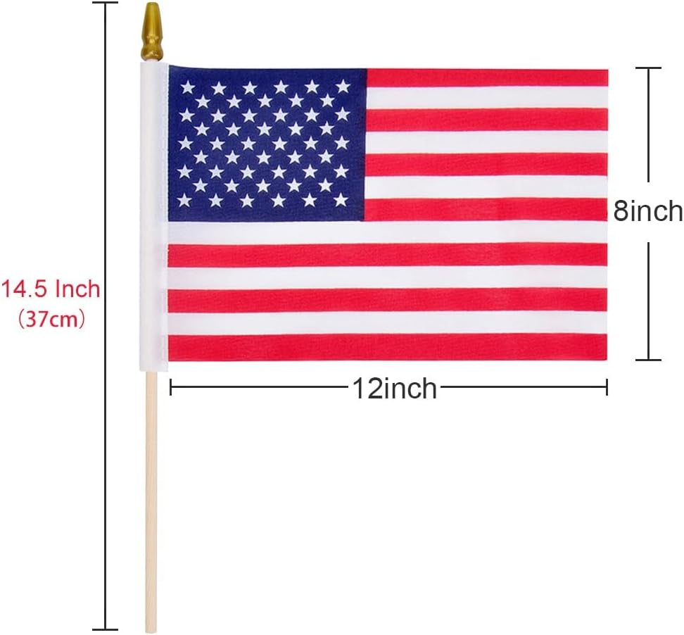 100 Pack 8X12 Inch American Flags on Stick, USA Wood Stick Flags with Kid-Safe Spear Top, American Flags for Outside, Veterans Day Decorations, Memorial Day Decorations, 4Th of July Decorations