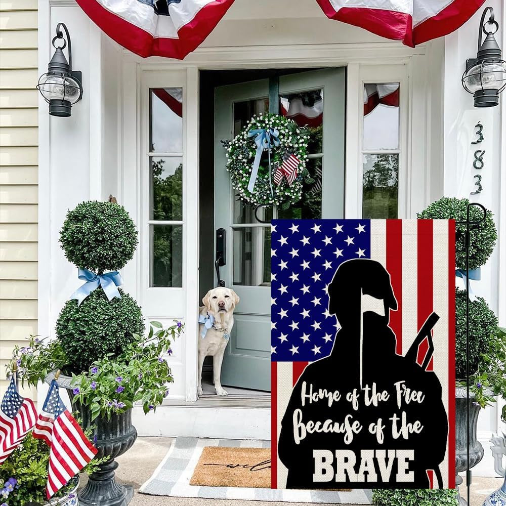 CROWNED BEAUTY 4Th of July Memorial Day Soldier Garden Flag 12X18 Inch Double Sided for outside Small Burlap Patriotic Independence Day Because of the Brave Yard Flag