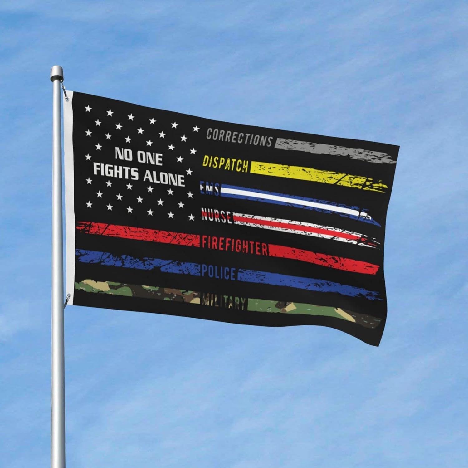 No One Fights Alone American Flag First Responders Hero Nurse E-M-S Police Fire Military 3X5 Ft Double Sided Vivid Color and UV Fade Resistant Flags for Outdoor House Room Black