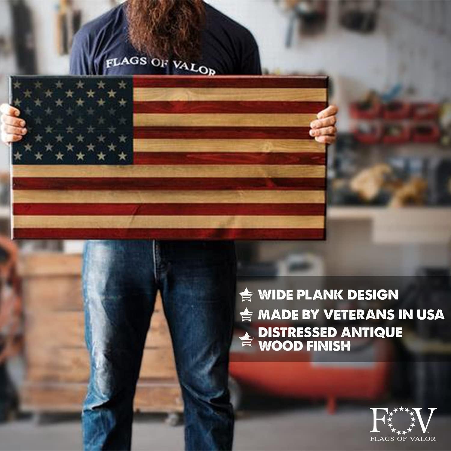 Flags of Valor Legacy Series Wooden American Flag | US Flag Wall Decor, Patriotic Wall Art, Made in USA by Veterans, Ready to Hang, Man Cave Room Decor for Men (Large, 22"H X 42"W)