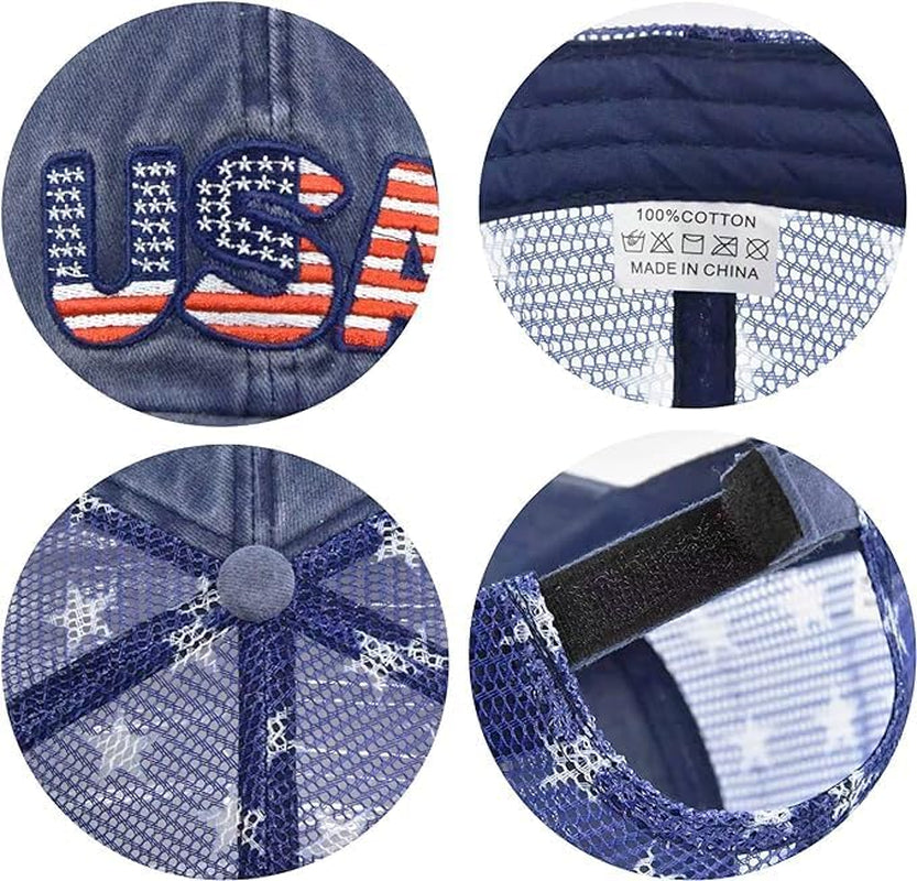 Patriotic-Usa-Baseball-Caps Woman-Man-Washed-Worn-Out-Mesh-Sun-Hat for 4Th July (Size M)
