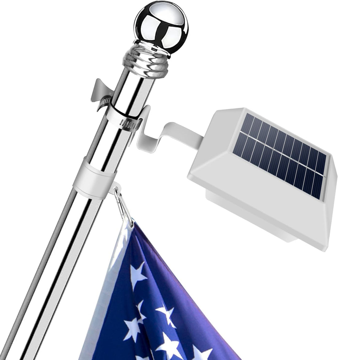 Flag Pole Light Solar Powered Outdoor Top Mounted Flagpole Solar Light, Metal Clamps Fits 1”To 1.5”Flagstaff , Brightest Flagpole Lights 12 LED Dusk to Dawn for Wall-Mount Spinning Flag Poles White F