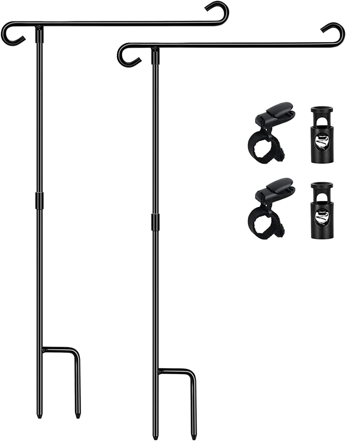HOOSUN Garden Flag Stand Holder Pole Easy to Install Strong Sturdy Wrought Iron Fits 12.5" X 18" Mini Flag with 1 Tiger Clip Curved Hook with S Type 2 Pack