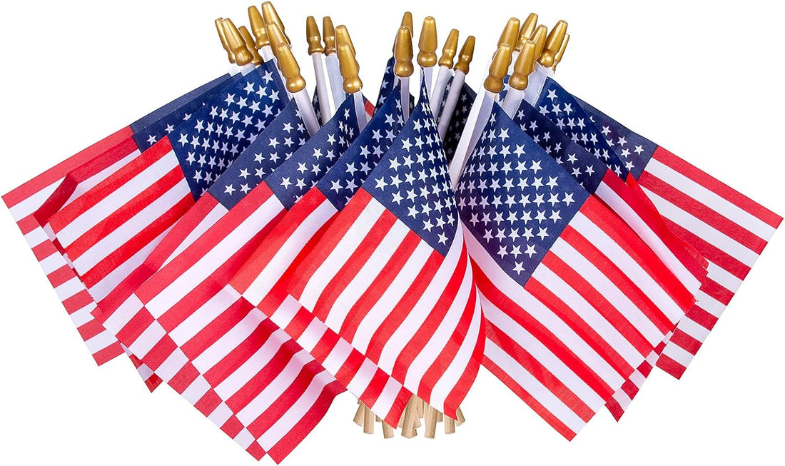 24 Pcs USA 4''X6'' Wooden Stick Flag,July 4Th Decoration, Veteran Party, Mini American Stick Flag - American Hand Held Stick Flags with Safety Golden Spear Top