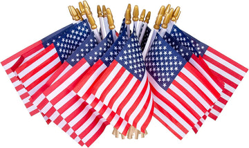 24 Pcs USA 4''X6'' Wooden Stick Flag,July 4Th Decoration, Veteran Party, Mini American Stick Flag - American Hand Held Stick Flags with Safety Golden Spear Top