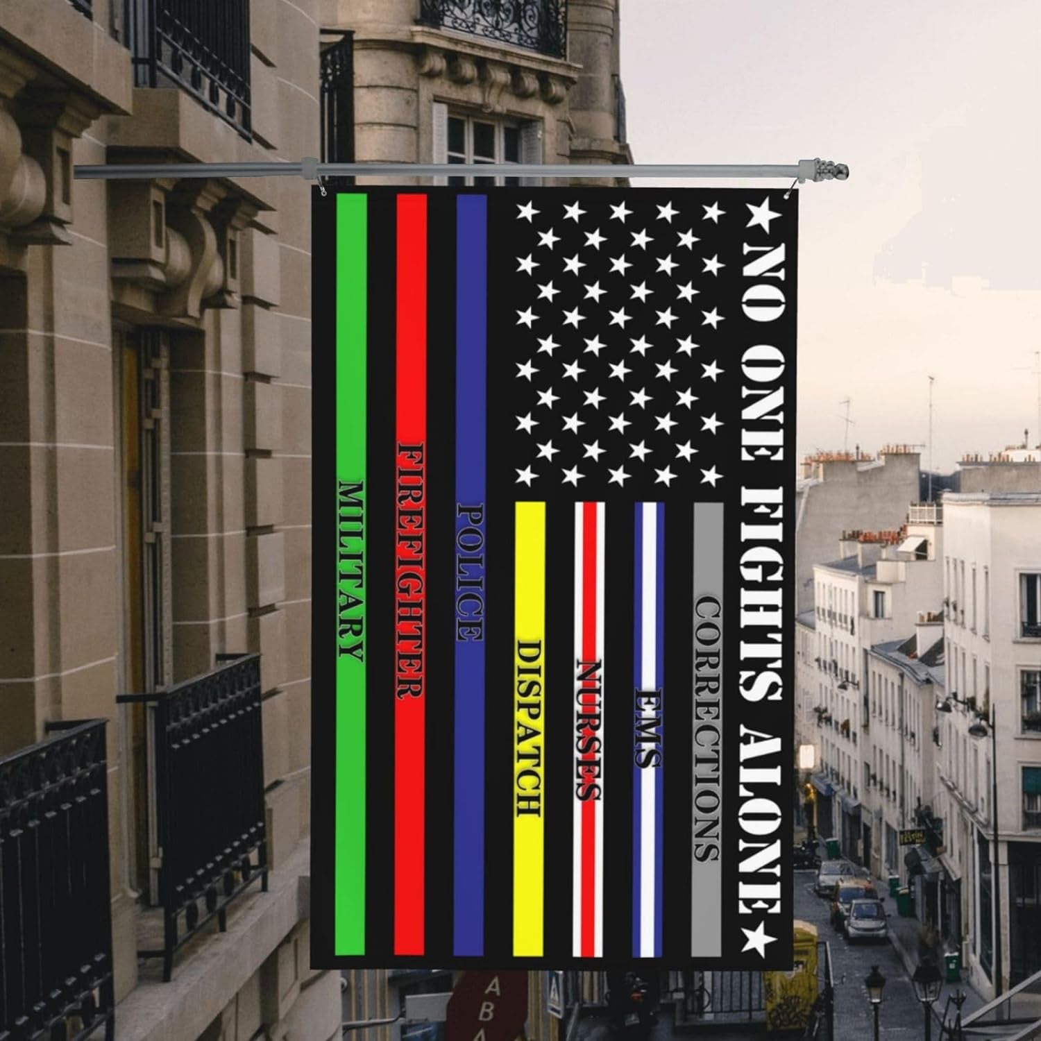 No One Fights Alone Multi Thin Line First Responder Flag 3X5 Ft Banner Indoor Outdoor Perfect Decoration