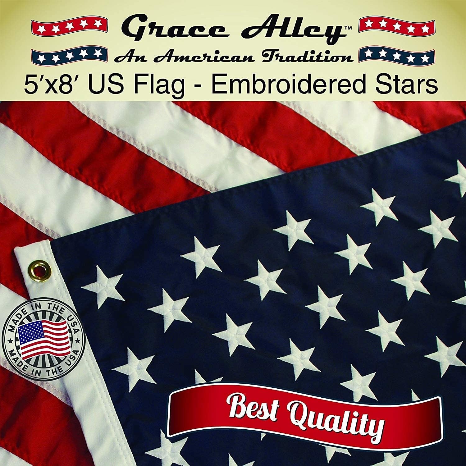 Grace Alley American Flag: 5X8 FT US Flag - 100% Made in USA - Embroidered Stars and Sewn Stripes and Brass Grommets