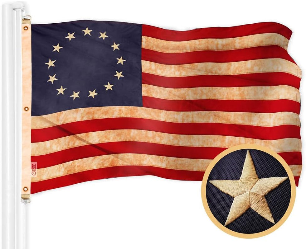 G128 Betsy Ross Tea-Stained Flag | 5X8 Ft | Embroidered 420D Polyester - Embroidered Stars, Sewn Stripes, Brass Grommets, Indoor/Outdoor, Vibrant Colors, Quality Polyester