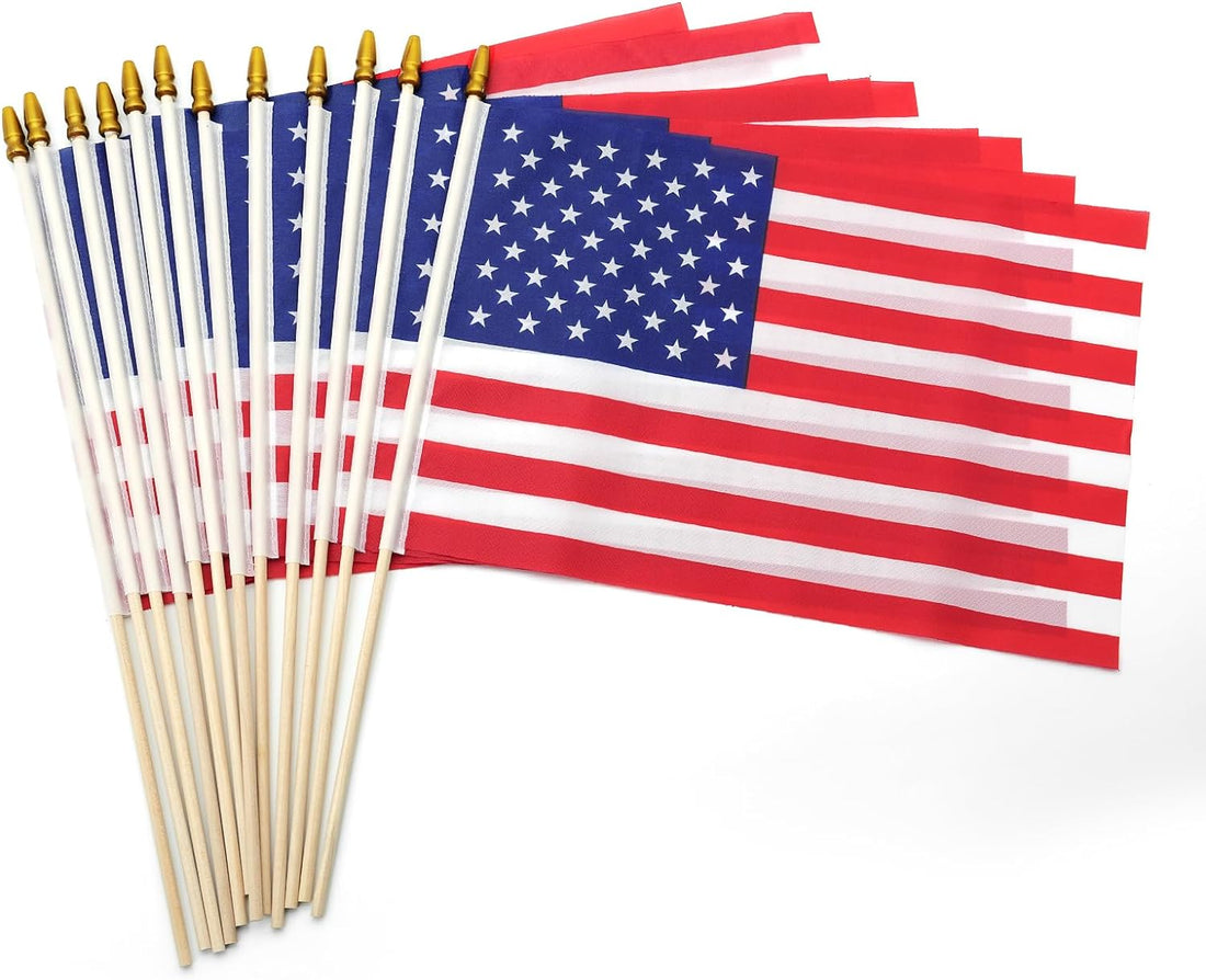 12 Pcs Small American Flags on Stick, Patriotic Outdoor Decor Small US Flags Mini American 12''X8'' Flag, Fourth of July American Flags for Outside,Mini Flags for outside Patriotic Holiday Yard Patio