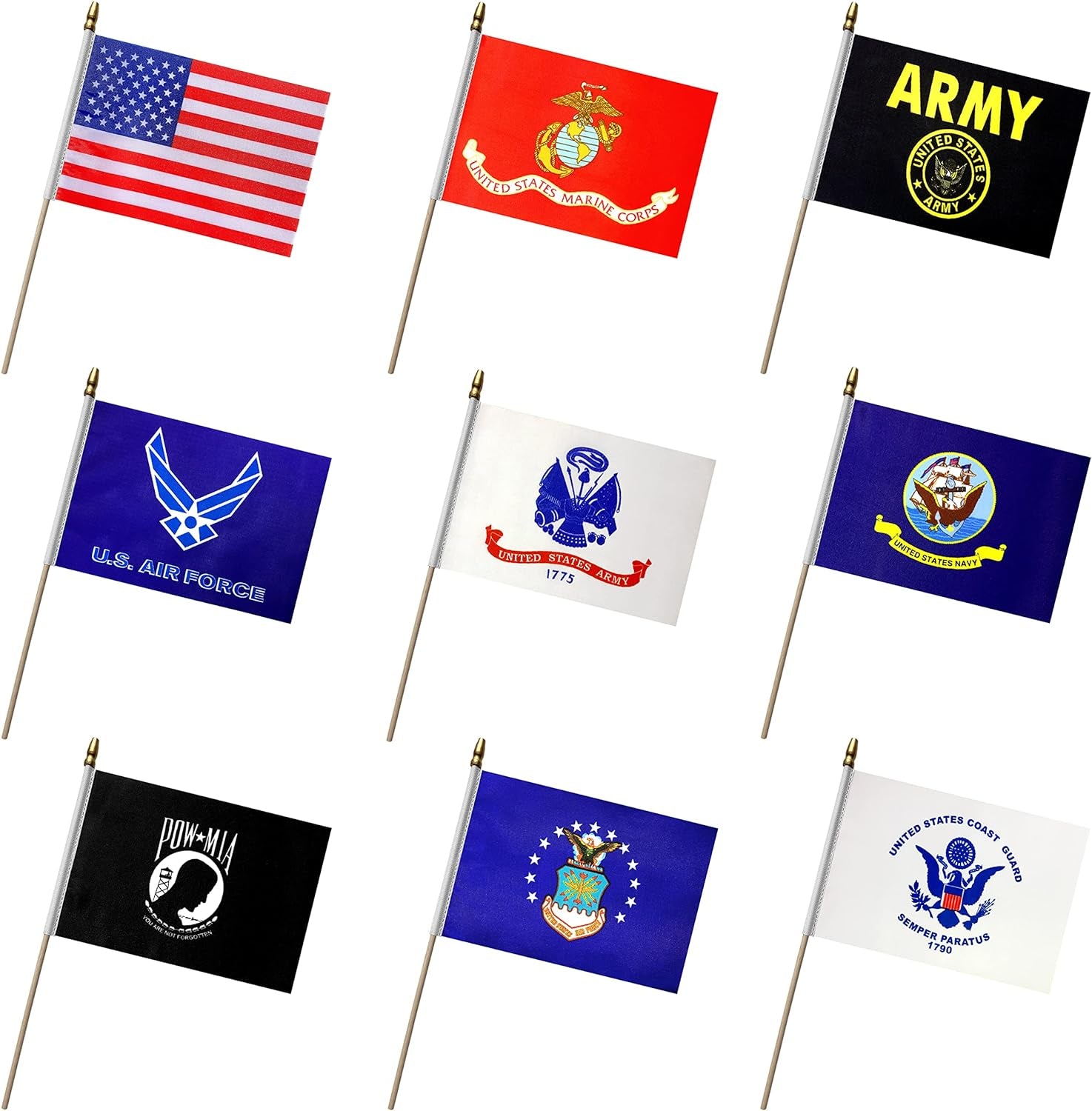 Military Flag Set Small Mini Army Armed Forces Hand Held Flags on Wooden Stick for Memorial Day,Veterans Day,5X8 Inch,20 Pack