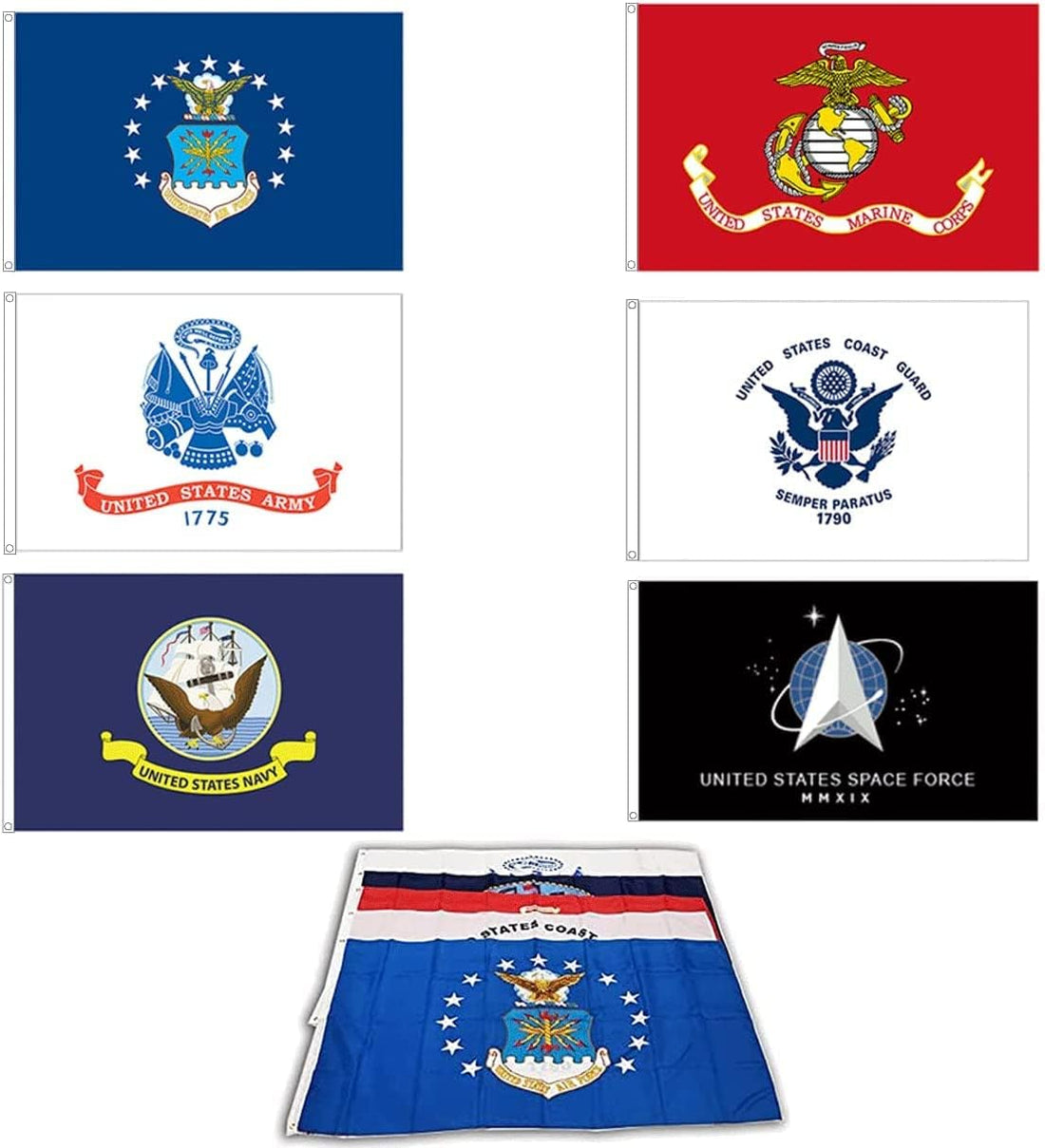 GLOBAL ADVERTISING SOLUTIONS Lot of 6 Branches Military Flags, 3X5 Foot Banner Grommets, Air Force, US Navy, Coast Guard, Marines, Army Polyester Flags Set Space Force (Pack of 6)