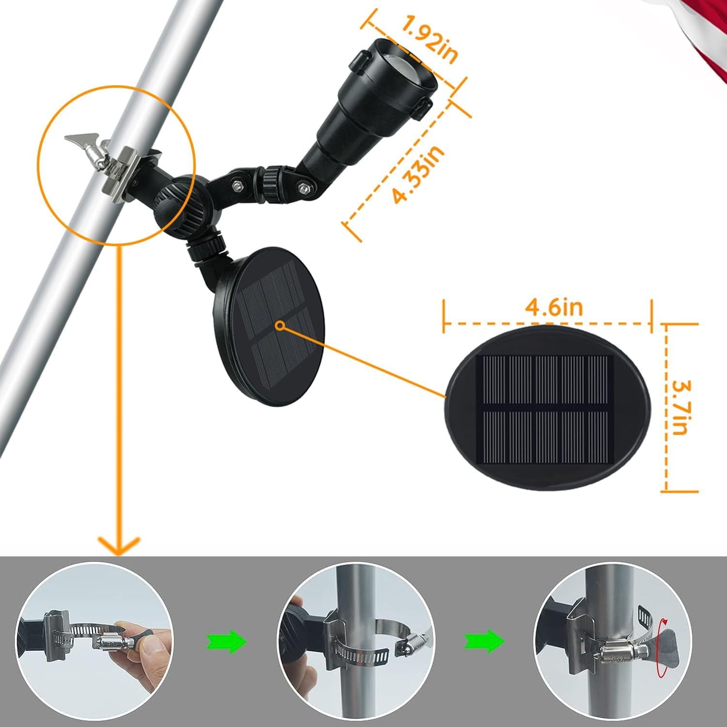 Solar Flag Pole Light, Flagpole Light Solar Powered, Super Bright PC Crystal LED Spotlight, Adjustable Bracket & Metal Clamp Fits 1-1.5" Flagpole, up to 8-12 Hrs, Black