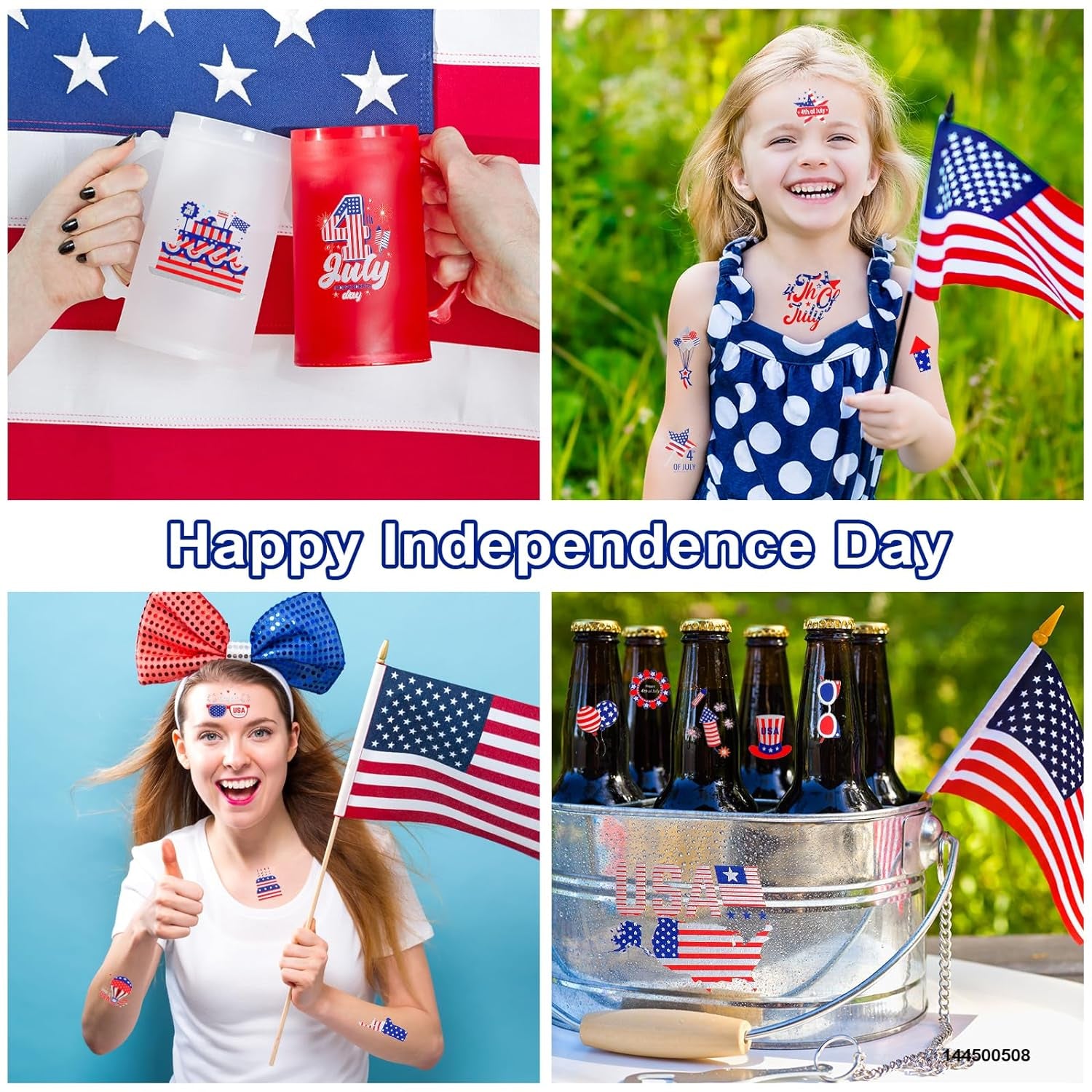 4Th of July Temporary Tattoos, Metallic USA Fourth of July Patriotic Tattoos | American Flag Red White and Blue Face Tattoo Stickers, Independence Day Memorial Day Party Accessories Decoration